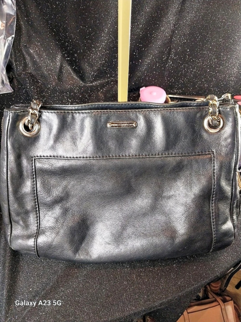 Rebecca Minkoff Black Leather w/Silver Chain Woven Crossbody/Shoulder Bag
